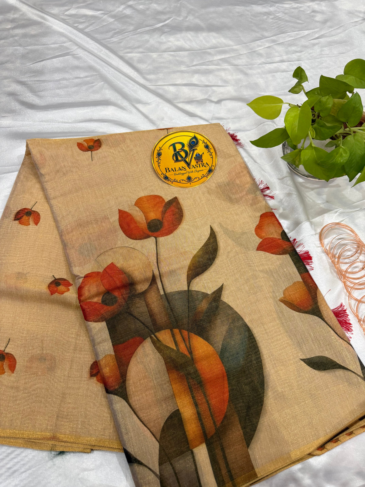 Gold Tissue Cotton Saree with Orange Tulip Floral and Tassels | Pure Cotton Gold Tissue Saree | Lightweight Saree | Tissue Saree | Onam Saree