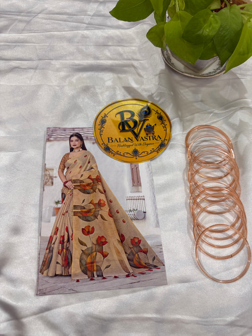 Gold Tissue Cotton Saree with Orange Tulip Floral and Tassels | Pure Cotton Gold Tissue Saree | Lightweight Saree | Tissue Saree | Onam Saree
