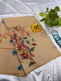 Gold Tissue Cotton Saree with Blue Leaf Design and Tassels | Pure Cotton Gold Tissue Saree | Lightweight Saree | Tissue Saree | Onam Saree