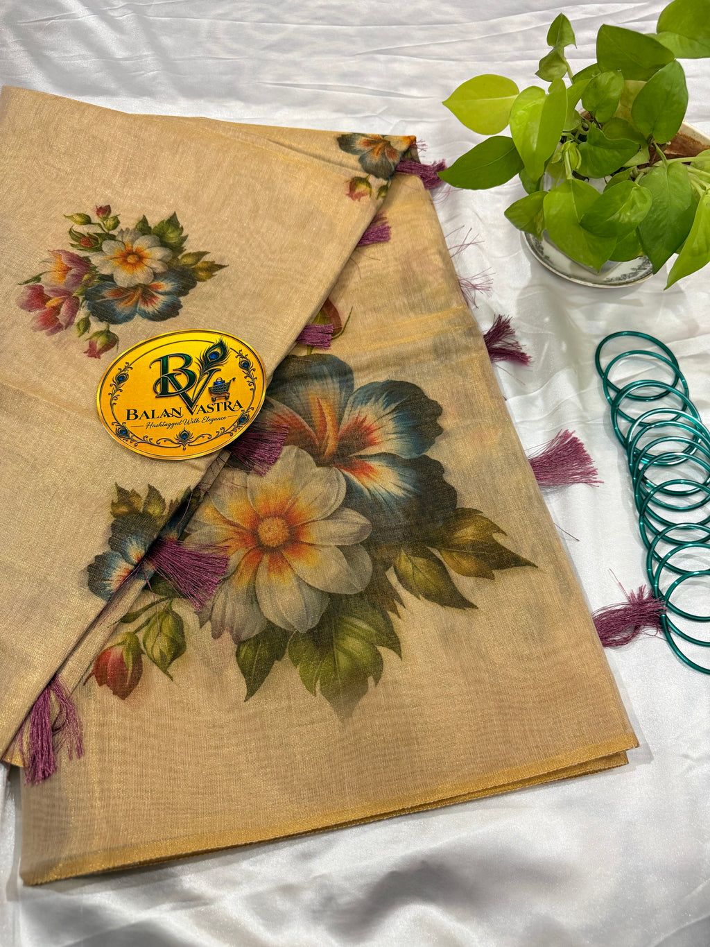 Gold Tissue Cotton Saree with Purple Floral and Tassels | Pure Cotton Gold Tissue Saree | Lightweight Saree | Tissue Saree | Onam Saree