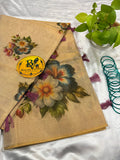Gold Tissue Cotton Saree with Purple Floral and Tassels | Pure Cotton Gold Tissue Saree | Lightweight Saree | Tissue Saree | Onam Saree