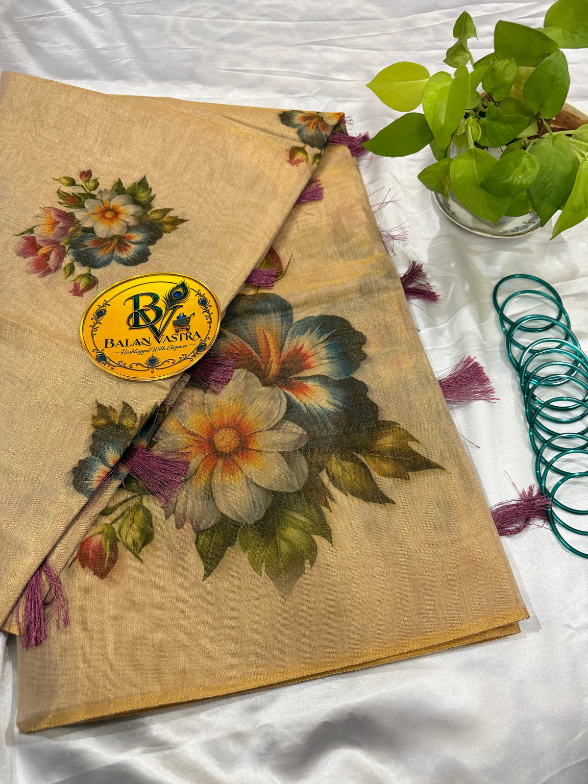 Gold Tissue Cotton Saree with Purple Floral and Tassels | Pure Cotton Gold Tissue Saree | Lightweight Saree | Tissue Saree | Onam Saree