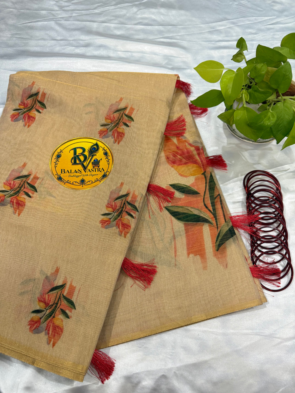 Gold Tissue Cotton Saree with Orange Floral and Tassels | Pure Cotton Gold Tissue Saree | Lightweight Saree | Tissue Saree | Onam Saree