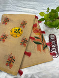 Gold Tissue Cotton Saree with Orange Floral and Tassels | Pure Cotton Gold Tissue Saree | Lightweight Saree | Tissue Saree | Onam Saree