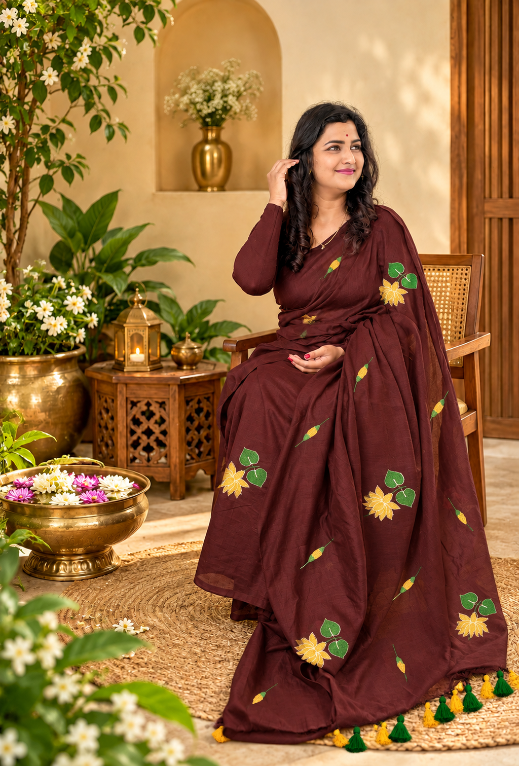 Pure Cotton Saree Coffee Brown with Floral and Tassels| Coffee Brown Cotton Saree | Pure Cotton Saree | Lightweight Saree | Dailywear Saree
