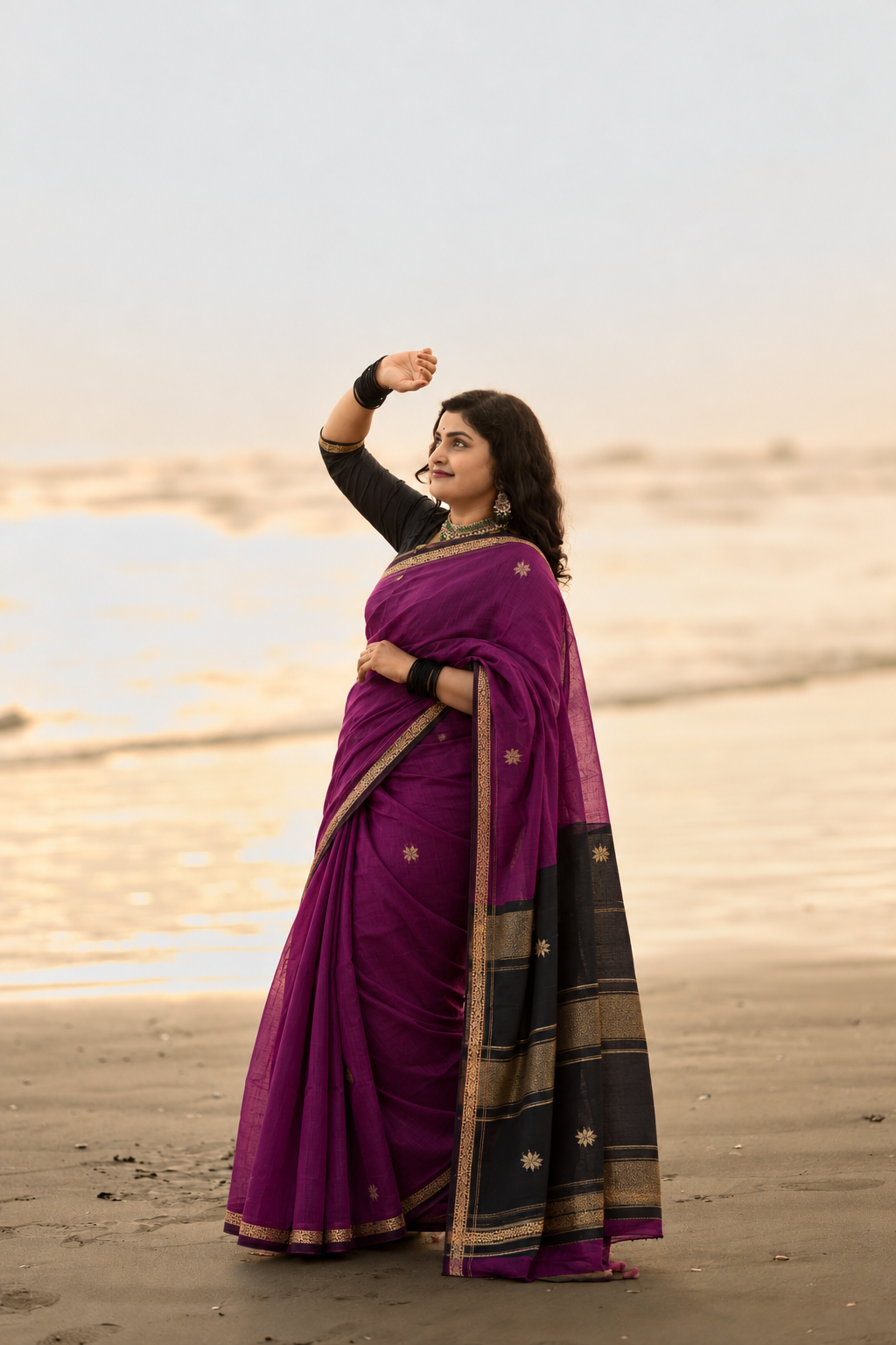 Purple Saree with Gold Zari Border and Black Pallu Maheshwari Cotton Silk Saree for Women | Maheswari Pure Cotton Saree | Traditional Saree | Office Wear Saree | Daily Wear Saree | Festive Saree | Lightweight Saree
