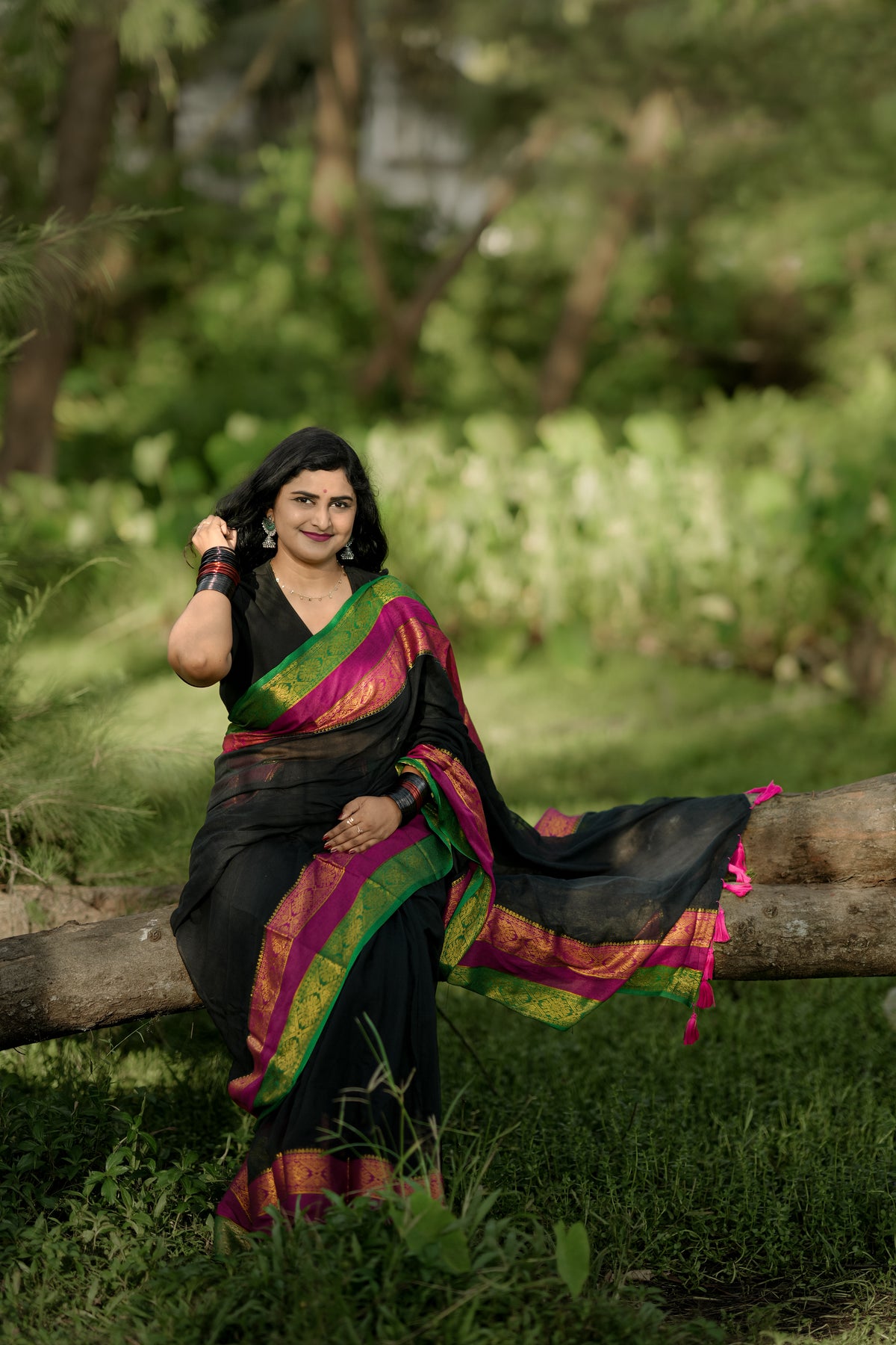 Pure Mul Cotton Saree Black with Pink and Green Border| Black Mul Cotton Saree | Pure Cotton Saree | Lightweight Saree | Dailywear Saree
