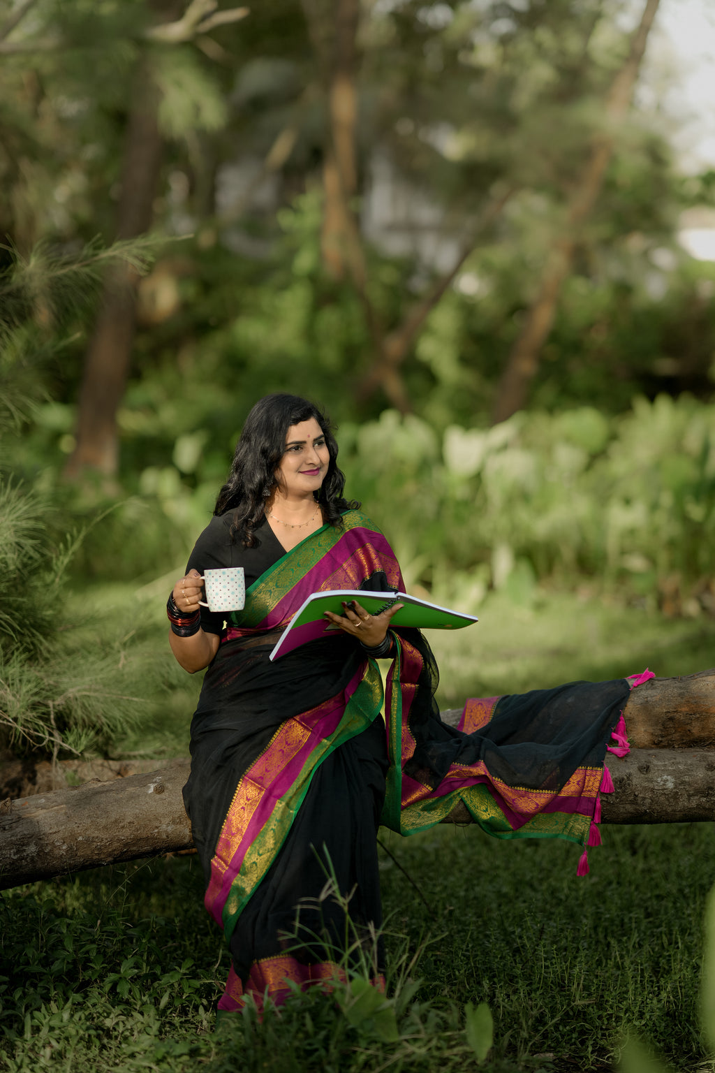 Pure Mul Cotton Saree Black with Pink and Green Border| Black Mul Cotton Saree | Pure Cotton Saree | Lightweight Saree | Dailywear Saree