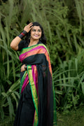 Pure Mul Cotton Saree Black with Pink and Green Border| Black Mul Cotton Saree | Pure Cotton Saree | Lightweight Saree | Dailywear Saree