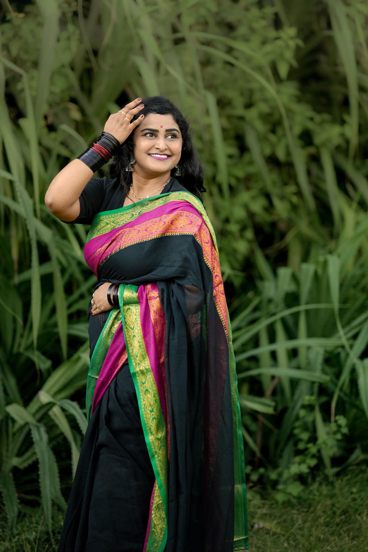 Pure Mul Cotton Saree Black with Pink and Green Border| Black Mul Cotton Saree | Pure Cotton Saree | Lightweight Saree | Dailywear Saree