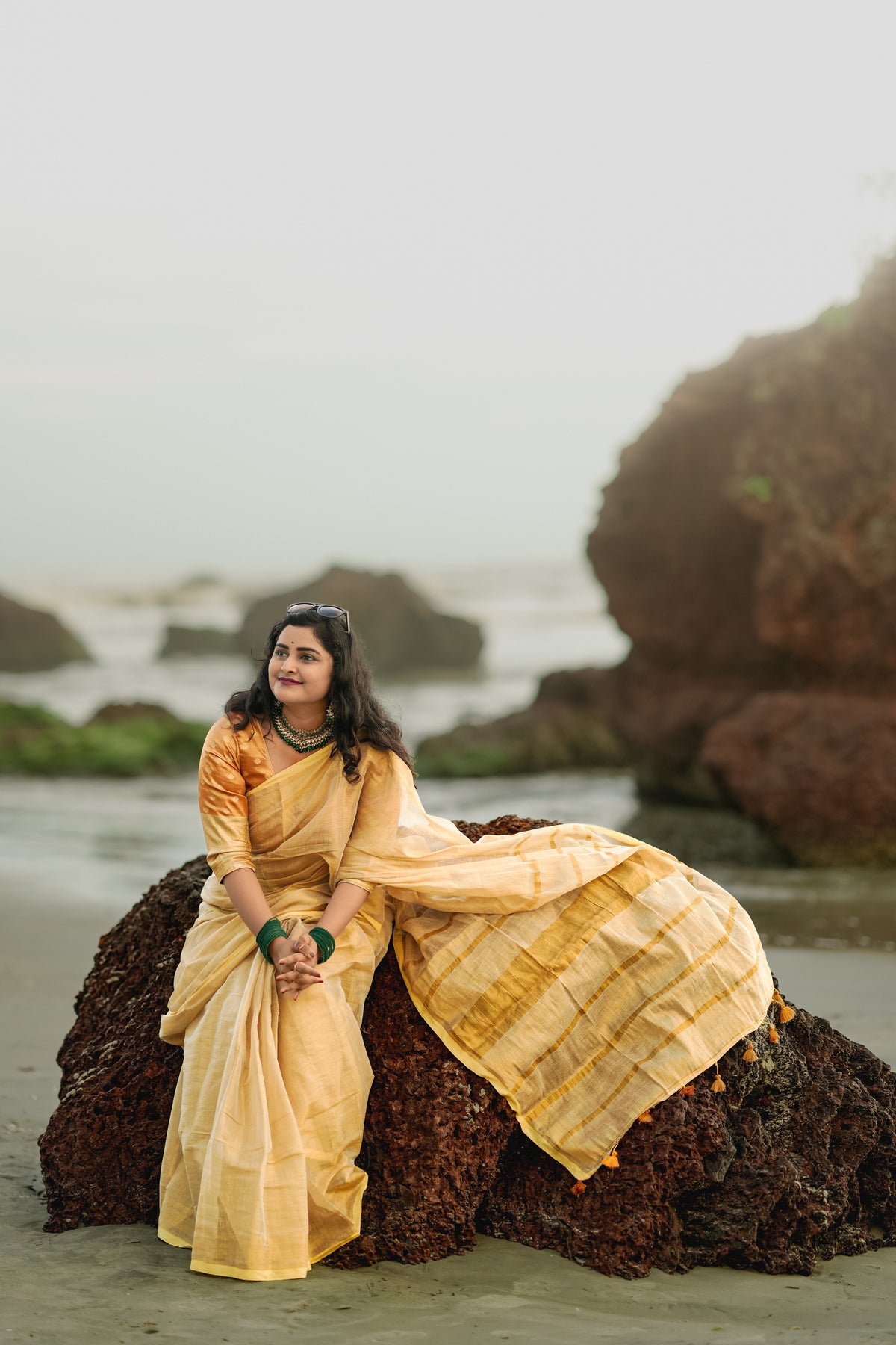 Gold Tissue Cotton Saree with Zari Stripes Pallu and Tassels | Pure Cotton Gold Tissue Saree | Lightweight Saree | Tissue Saree | Onam Saree