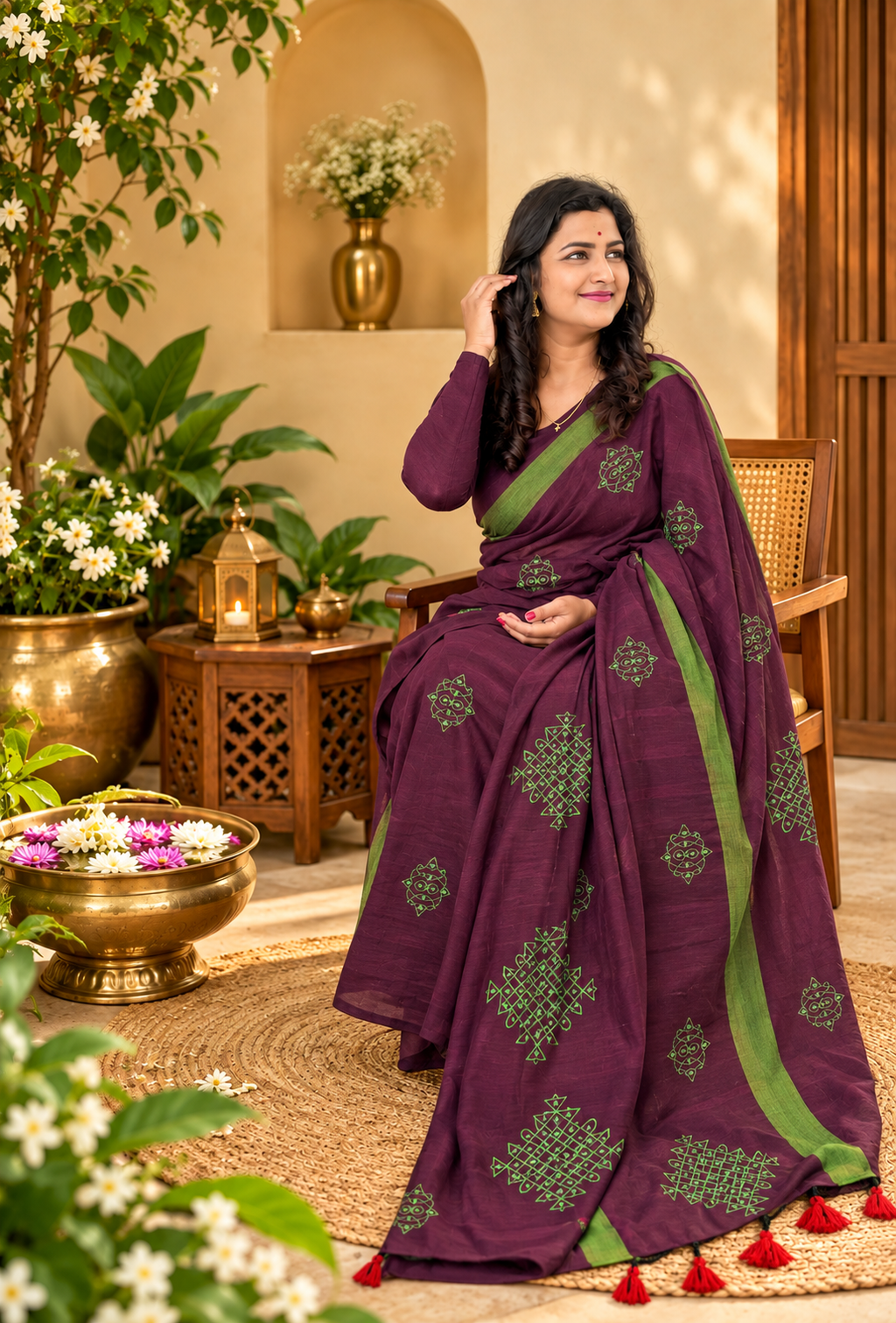 Pure Cotton Saree Purple with Green Border and Red Tassels| Purple Cotton Saree | Pure Cotton Saree | Lightweight Saree | Dailywear Saree