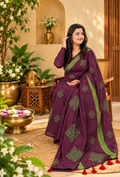 Pure Cotton Saree Purple with Green Border and Red Tassels| Purple Cotton Saree | Pure Cotton Saree | Lightweight Saree | Dailywear Saree
