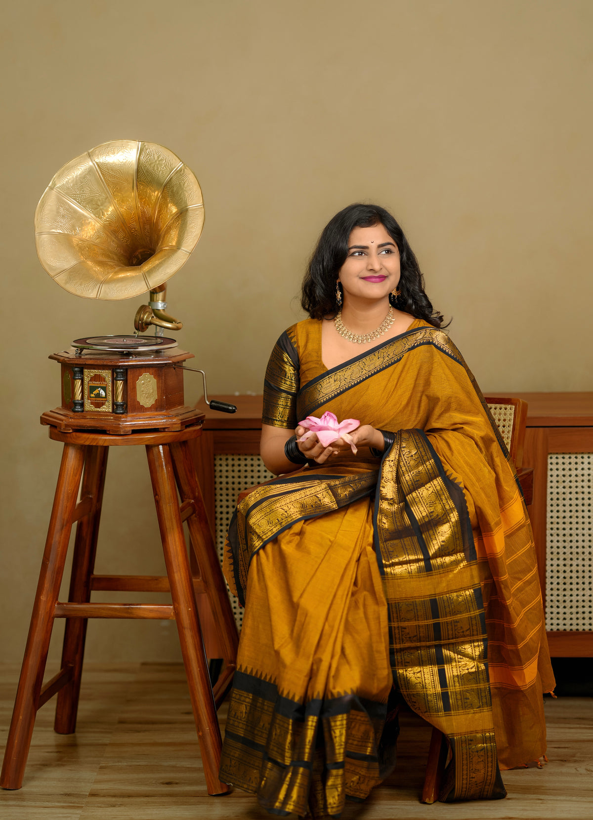 Mustard Yellow and Black Pure Kanchi Cotton Saree | Chettinad Pure Cotton Saree for Women | Soft Cotton Traditional Saree | Rich Gold Zari Border