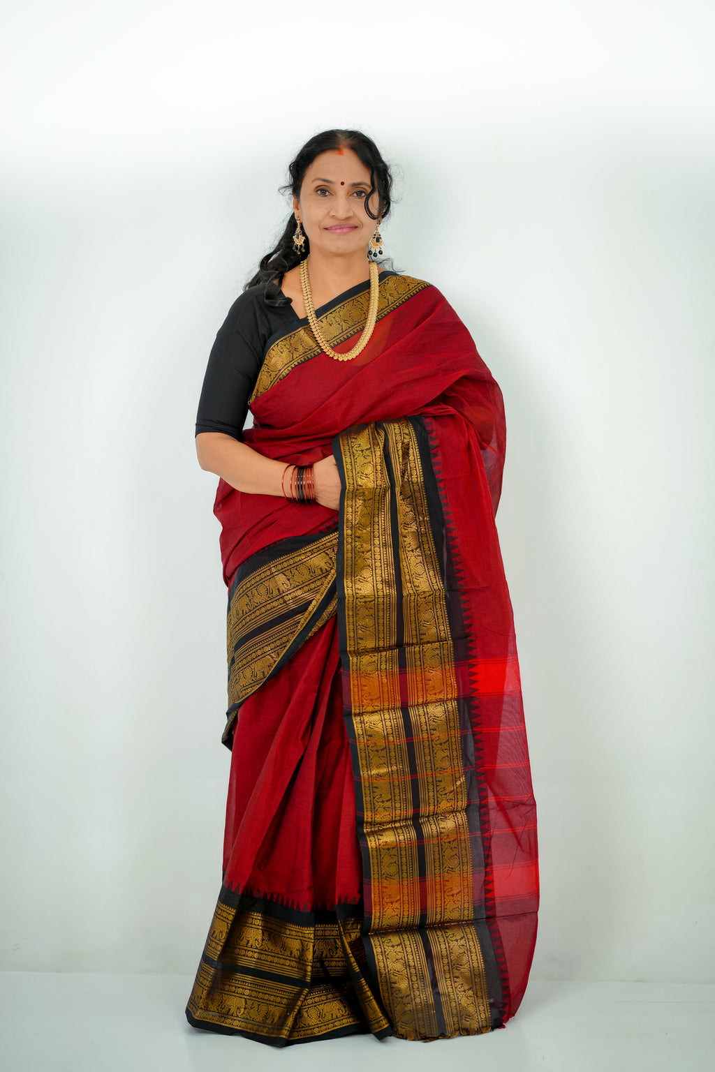 Red and Black Double Border Pure Kanchi Cotton Saree | Chettinad Pure Cotton Saree for Women | Soft Cotton Traditional Saree | Rich Gold Zari Border