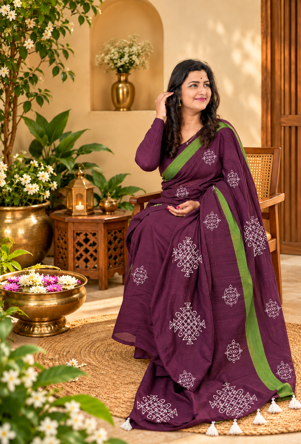 Pure Cotton Saree Purple with Green Border and White Tassels| Purple Cotton Saree | Pure Cotton Saree | Lightweight Saree | Dailywear Saree