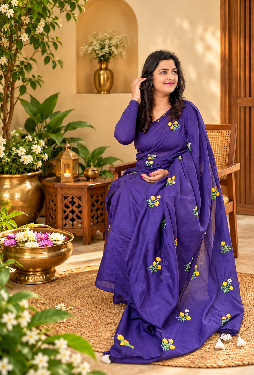 Pure Cotton Saree Navy Blue with Floral and White Tassels| Blue Cotton Saree | Pure Cotton Saree | Lightweight Saree | Dailywear Saree