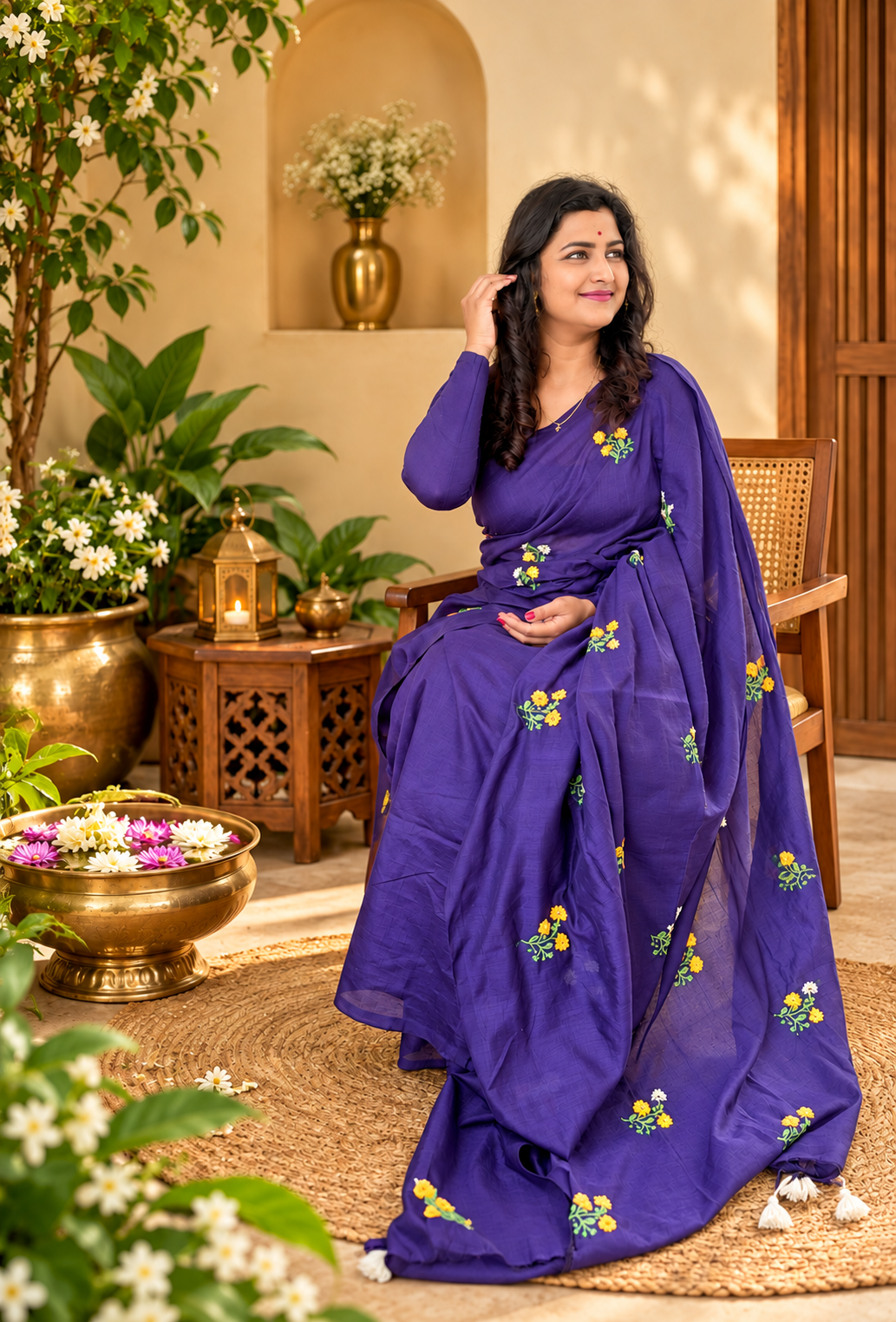 Pure Cotton Saree Navy Blue with Floral and White Tassels| Blue Cotton Saree | Pure Cotton Saree | Lightweight Saree | Dailywear Saree